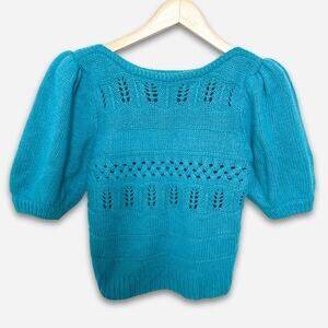 Vintage 80s Brass Plum teal blue silk angora puff sleeve knit sweater Small